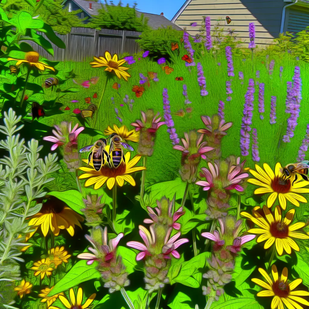 A variety of colorful, blooming flowers attracting bees and butterflies in a sunlit garden