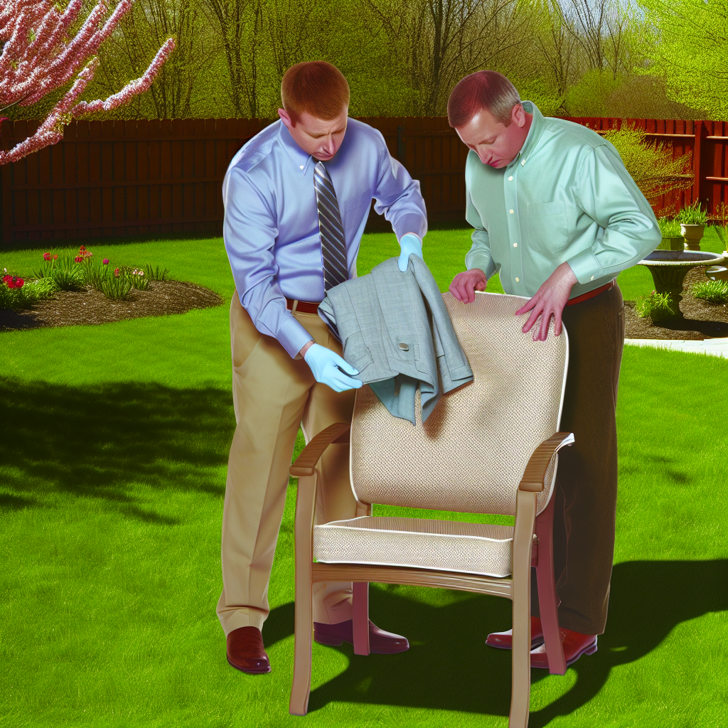 Close-up of examining outdoor furniture for signs of wear