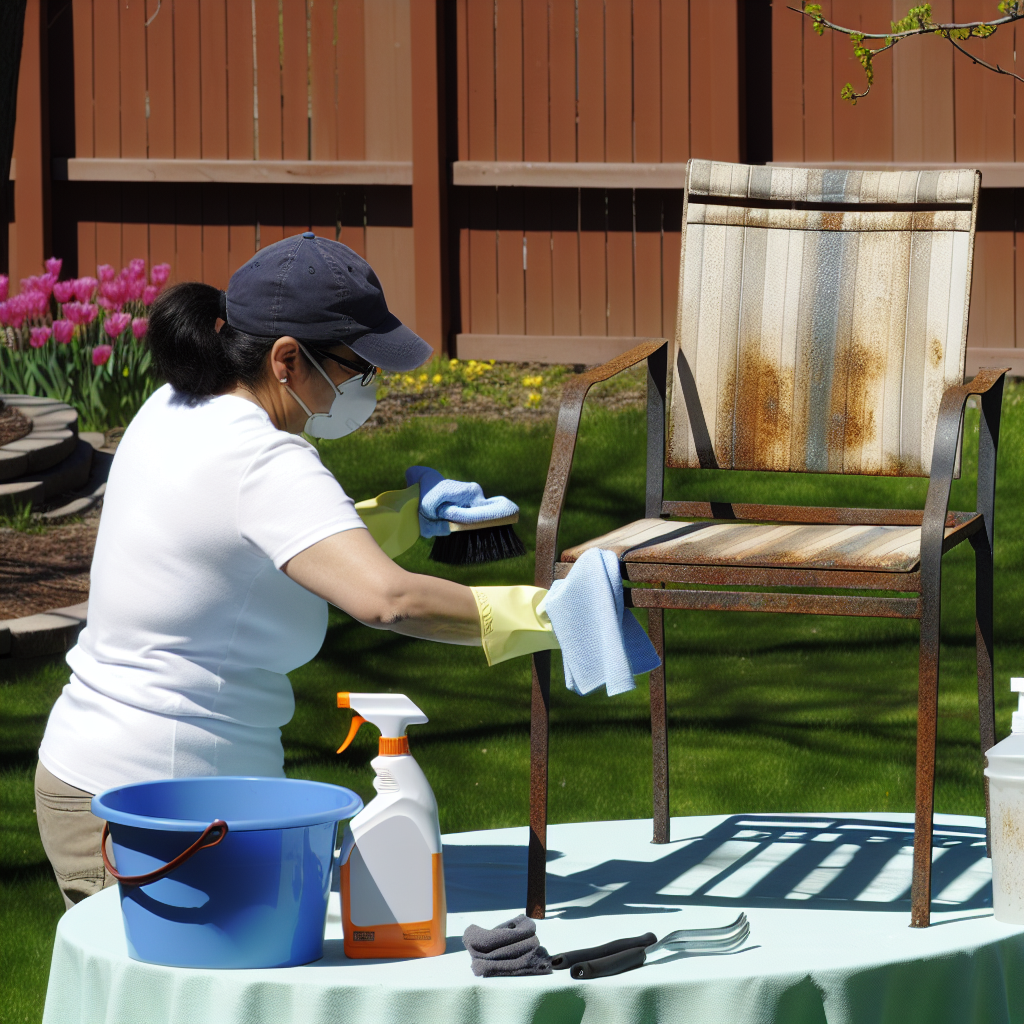 Metal outdoor chair during cleaning and rust removal process
