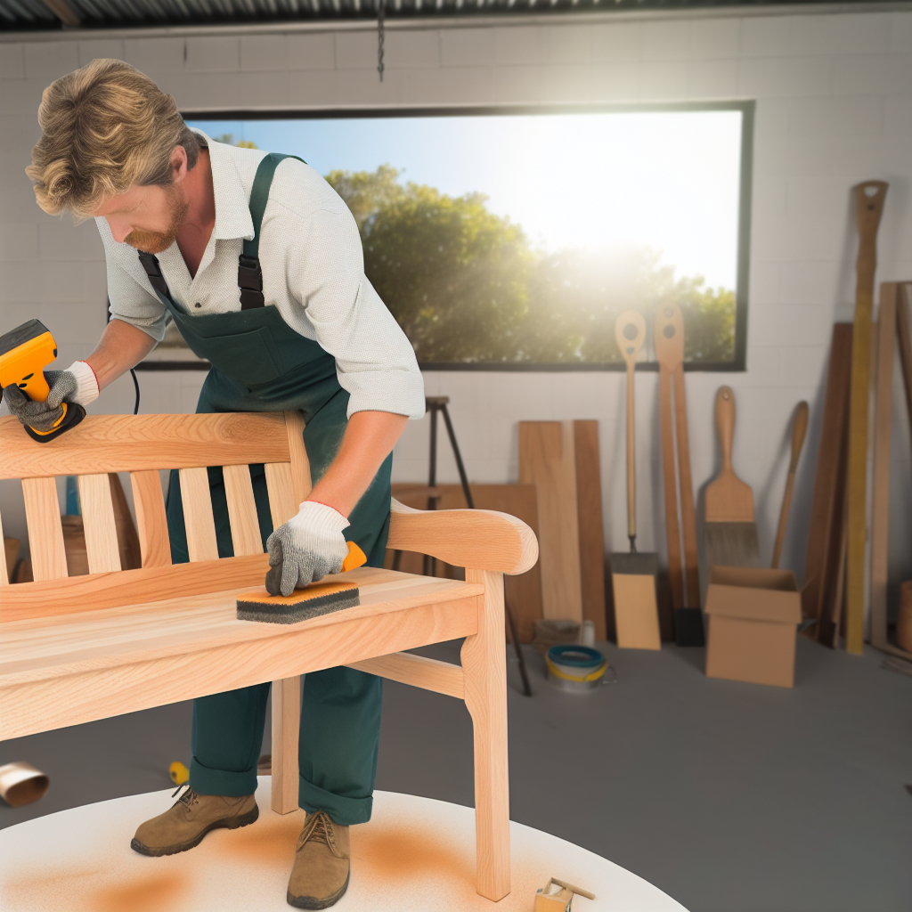 Refinishing a wooden outdoor bench in a well-ventilated workspace