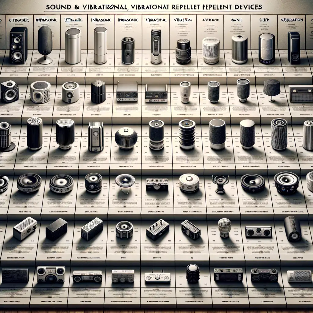 Table showing different brands and types of sound and vibrational repellent devices