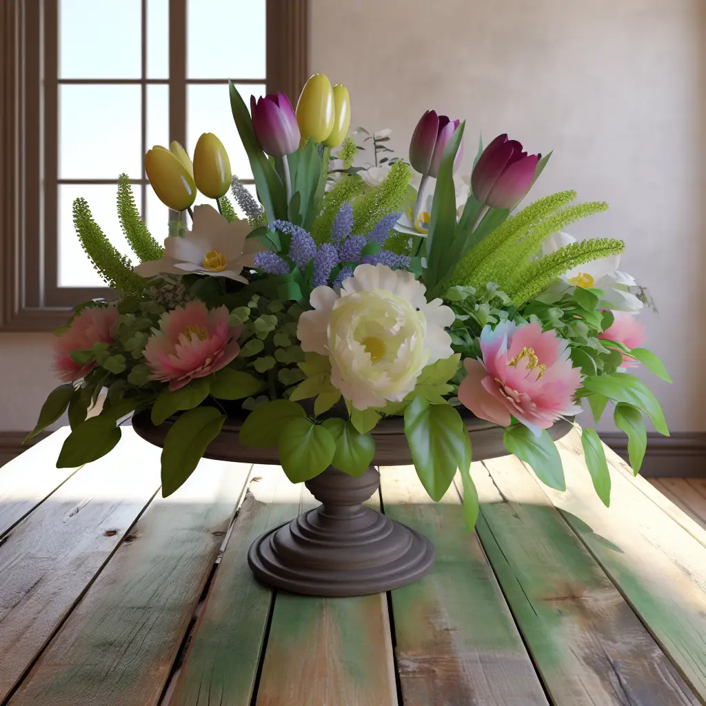 A delicately arranged spring centerpiece featuring soft pastels and vibrant blooms amidst lush greenery
