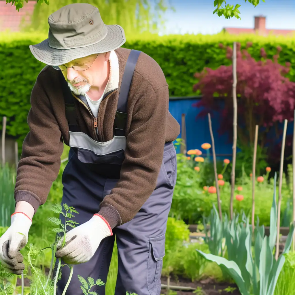 A gardener inspecting plants closely for signs of pests and diseases
