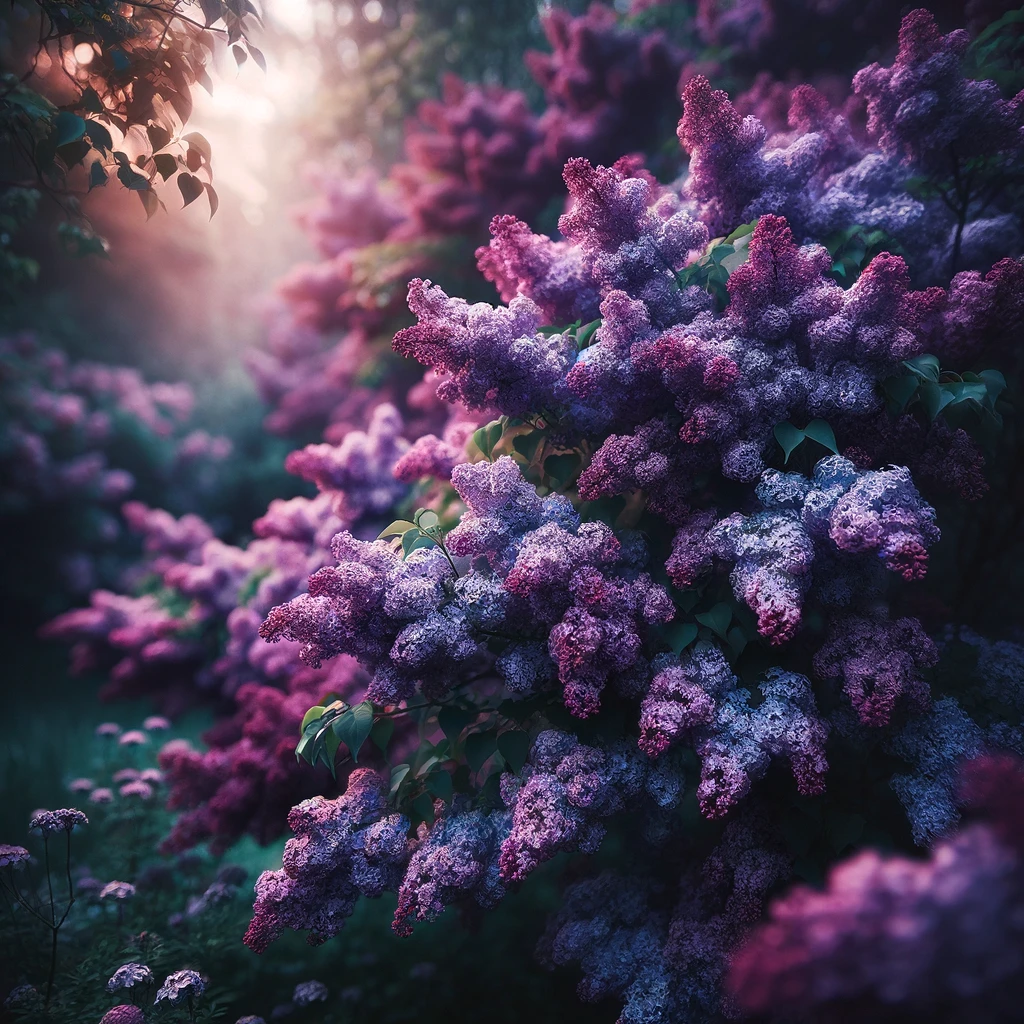 Lilac bush in full bloom with clusters of purple flowers