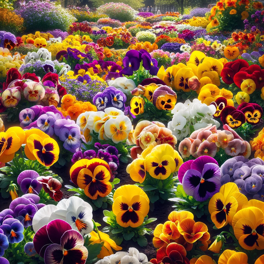 Vibrant pansies in a variety of colors in a garden bed