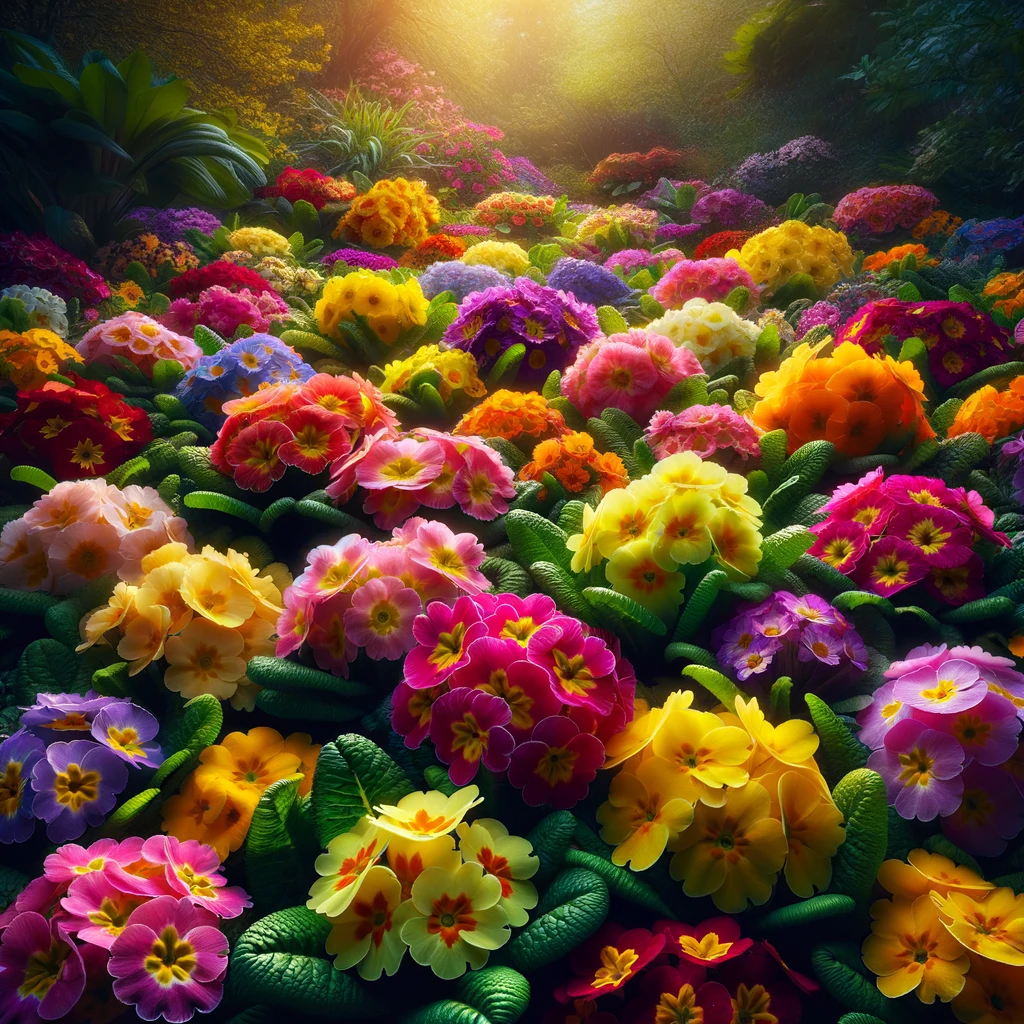 vibrant patch of colorful primroses in full bloom
